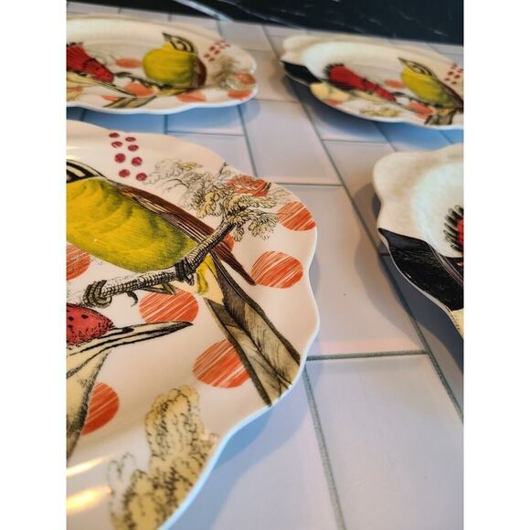 Anthropologie "On Safari" Salad Plates Scalloped Edge Birds Set of 4, Y2K EUC - Picture 5 of 10
